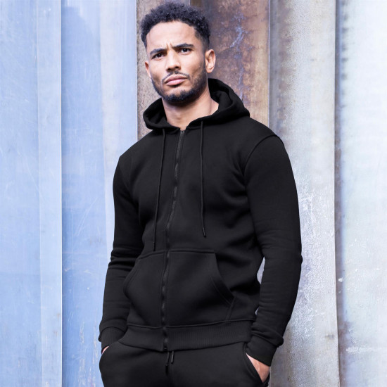 Black hooded zip-up tracksuit for men PK3030 - Clothing with inscriptions Black hooded zip-up tracksuit for men PK3030