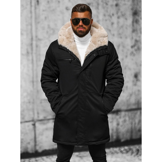 Men's black winter jacket with fur Eget JS/22M316/392 - Men's Jackets and Coats Men's black winter jacket with fur Eget JS/22M316/392