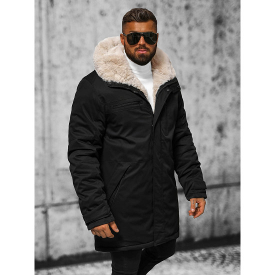 Men's black winter jacket with fur Eget JS/22M316/392 - Men's Jackets and Coats Men's black winter jacket with fur Eget JS/22M316/392