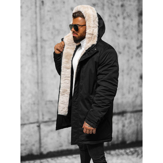 Men's black winter jacket with fur Eget JS/22M316/392 - Men's Jackets and Coats Men's black winter jacket with fur Eget JS/22M316/392