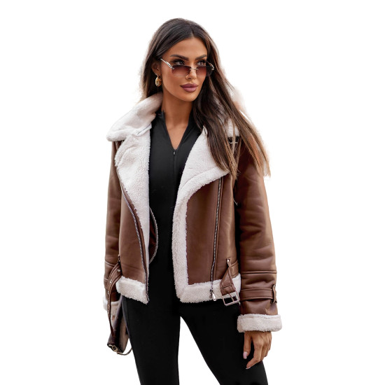 Moteriška ruda odinė striukė su kailiuku Elen JS/11Z8177