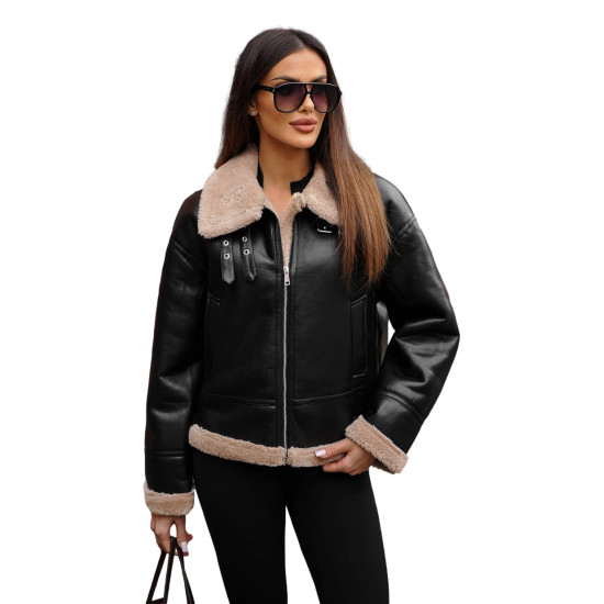 Women's black leather jacket with brown fur Maria JS/11Z8176 - For women Women's black leather jacket with brown fur Maria JS/11Z8176