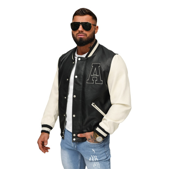Leather bomber jacket black white Alfa JS/11Z8112 - Action Leather bomber jacket black white Alfa JS/11Z8112
