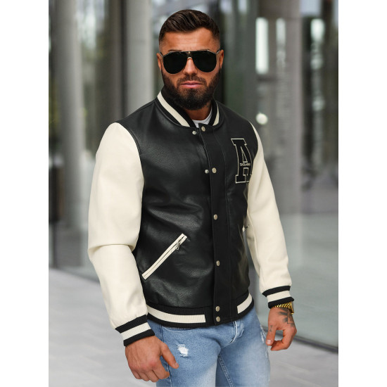 Leather bomber jacket black white Alfa JS/11Z8112 - Action Leather bomber jacket black white Alfa JS/11Z8112