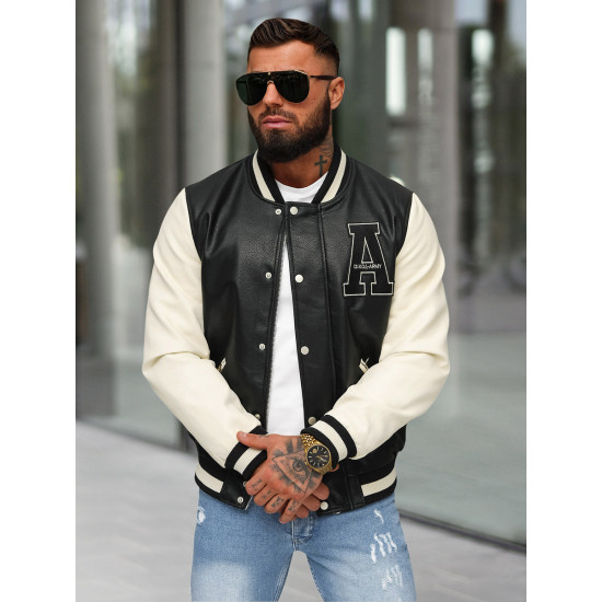 Leather bomber jacket black white Alfa JS/11Z8112 - Action Leather bomber jacket black white Alfa JS/11Z8112