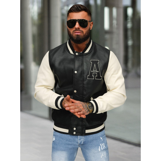 Leather bomber jacket black white Alfa JS/11Z8112 - Action Leather bomber jacket black white Alfa JS/11Z8112