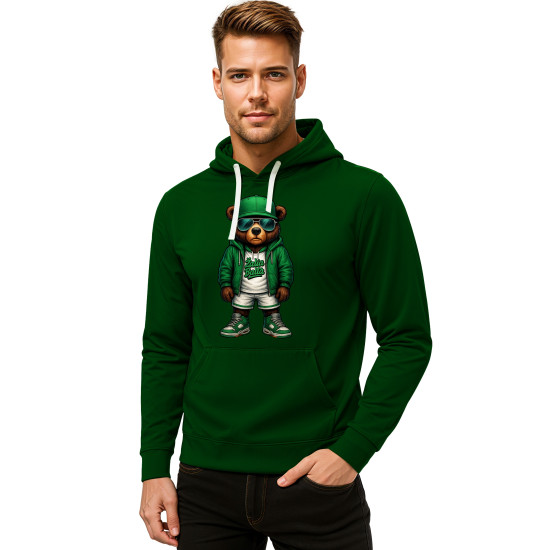 Vyriškas chaki džemperis su gobtuvu Žalia Balta PK4009 - Užrašai vyrams Vyriškas chaki džemperis su gobtuvu Žalia Balta PK4009