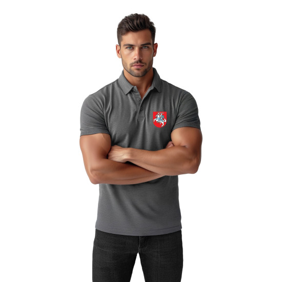 Vyriški tamsiai pilki polo marškinėliai Herbas JS/8T80 - Užrašai vyrams Vyriški tamsiai pilki polo marškinėliai Herbas JS/8T80
