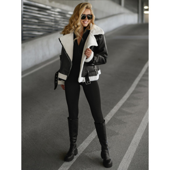 Moteriška juoda odinė striukė su baltu kailiuku Elen JS/11Z8177