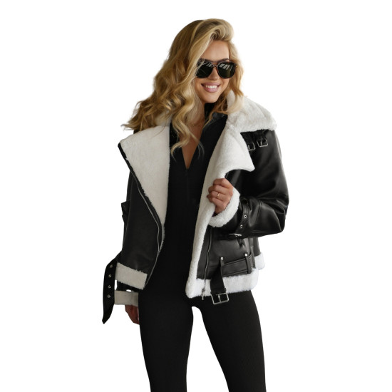 Moteriška juoda odinė striukė su baltu kailiuku Elen JS/11Z8177