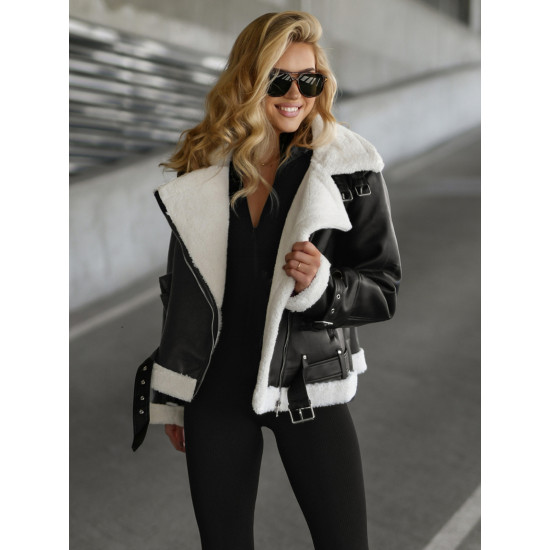 Moteriška juoda odinė striukė su baltu kailiuku Elen JS/11Z8177