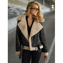 Moteriška juoda odinė striukė su kailiuku Elen