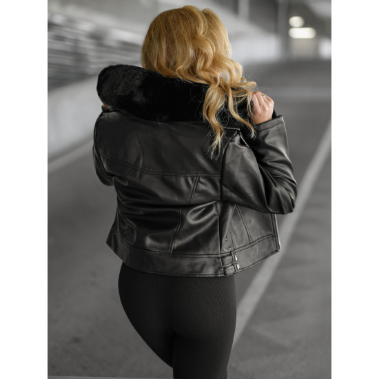 Women's black leather jacket with fur coat Laser Women's jackets