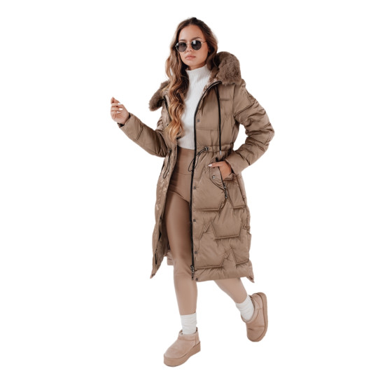 Moteriška ilga žieminė striukė su kailiuku rudos spalvos Velis Moteriškos striukės