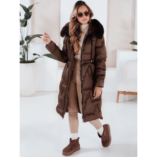 Moteriška ilga žieminė striukė su kailiuku tamsiai rudos spalvos Velis Moteriškos striukės