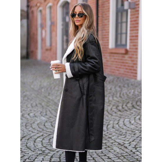 Moteriškas juodas ilgas odinis paltas su dirbtiniu kailiu Emil Moteriškos striukės