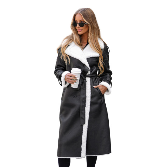 Women's black long leather coat with faux fur Emil Women's jackets