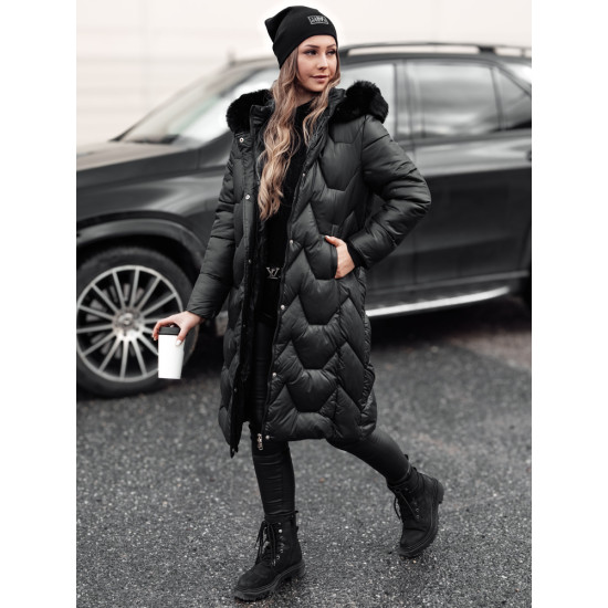 Moteriška ilga juoda su juodu kailiuku striukė Inter Moteriškos striukės