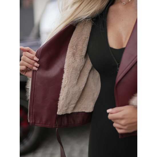 Moteriška odinė bordo spalvos striukė su rusvu kailiuku Elis Moteriškos striukės