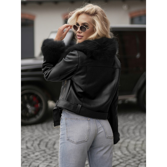 Moteriška odinė juodos spalvos striukė su kailiuku Elen JS/61M8511/392AZ - Moterims Moteriška odinė juodos spalvos striukė su kailiuku Elen Moteriškos striukės