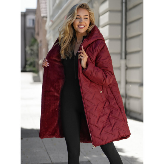 Moteriška žieminė dvipusė bordo striukė su gobtuvu Ela JS/5M3352/1 - Moterims Moteriška žieminė dvipusė bordo striukė su gobtuvu Ela Moteriškos striukės