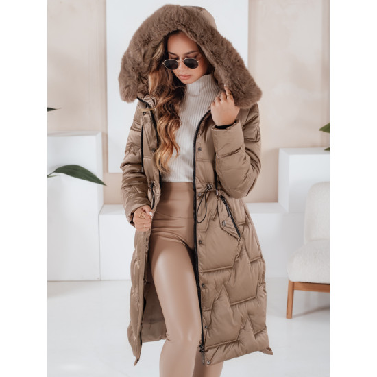 Moteriška ilga žieminė striukė su kailiuku rudos spalvos Velis Moteriškos striukės