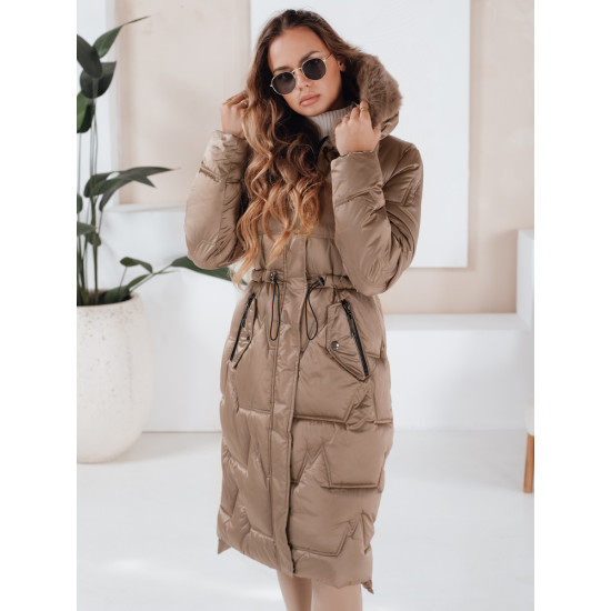 Moteriška ilga žieminė striukė su kailiuku rudos spalvos Velis Moteriškos striukės