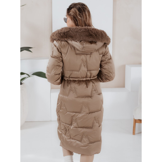 Moteriška ilga žieminė striukė su kailiuku rudos spalvos Velis Moteriškos striukės