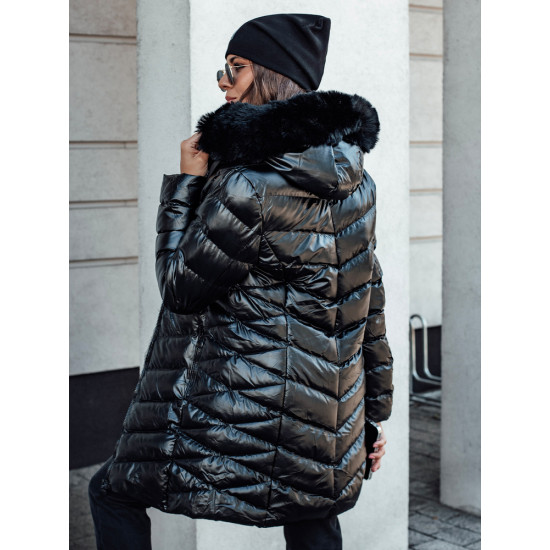 Moteriška dygsniuota juoda striukė su juodu kailiuku Crystal Moteriškos striukės