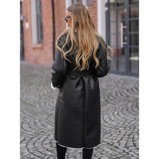 Women's black long leather coat with faux fur Emil Women's jackets