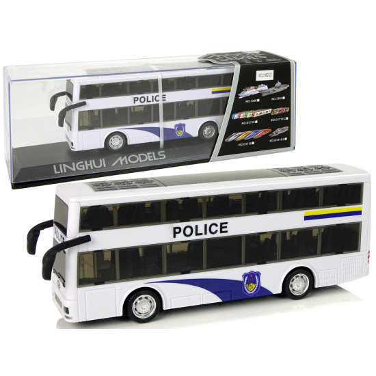 Baltas dviaukštis policijos autobusas Tarnybiniai automobiliai