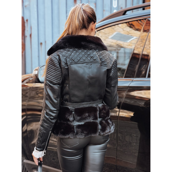Moteriška juoda odinė baikerio striukė su kailiu Lora Moteriškos striukės