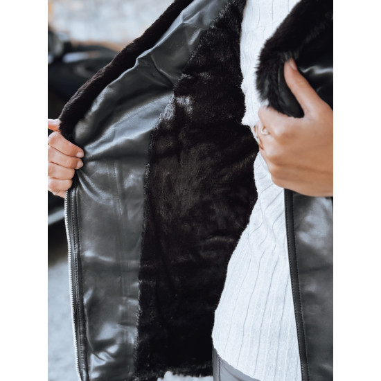 Moteriška juoda odinė baikerio striukė su kailiu Lora Moteriškos striukės