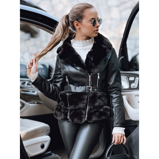 Moteriška juoda odinė baikerio striukė su kailiu Lora Moteriškos striukės