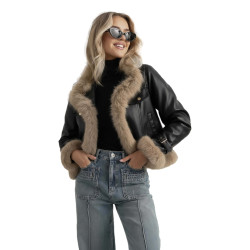 Moteriška juoda odinė striukė su kailiu Bali