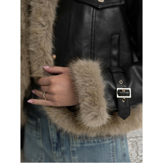 Moteriška juoda odinė striukė su kailiu Bali Moteriškos striukės