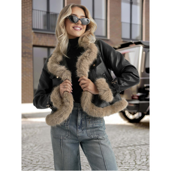 Moteriška juoda odinė striukė su kailiu Bali Moteriškos striukės