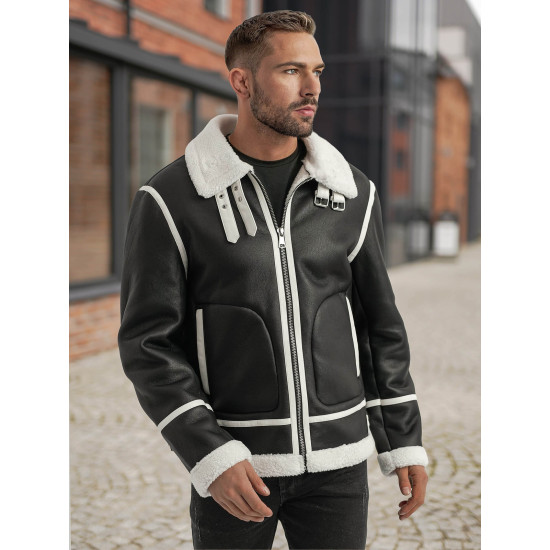 Vyriška juoda odinė striukė su baltu kailiu Capri Odinės striukės