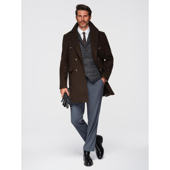 Vyriškas tamsiai rudas paltas Elegant V4 OM-COWC-0120 - Vyriškos Striukės ir Paltai Vyriškas tamsiai rudas paltas Elegant Paltai
