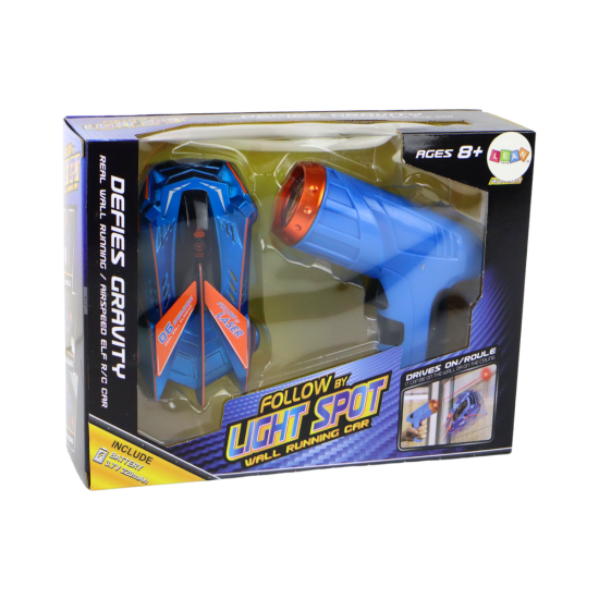 Sports car driving on the walls and ceiling with a blue laser Radijo bangomis valdomi žaislai