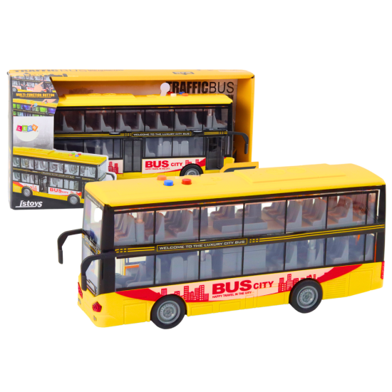 Geltonas dviaukštis autobusas su garso ir šviesos efektais Autobusai
