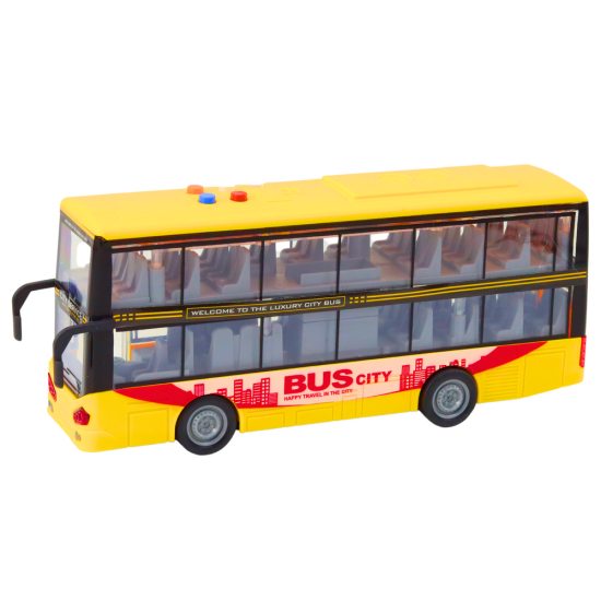 Geltonas dviaukštis autobusas su garso ir šviesos efektais Autobusai
