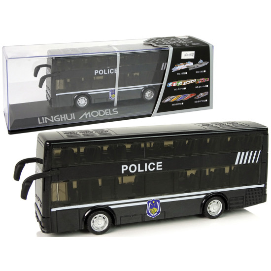 Juodas dviaukštis policijos autobusas Autobusai