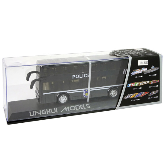 Juodas dviaukštis policijos autobusas Autobusai