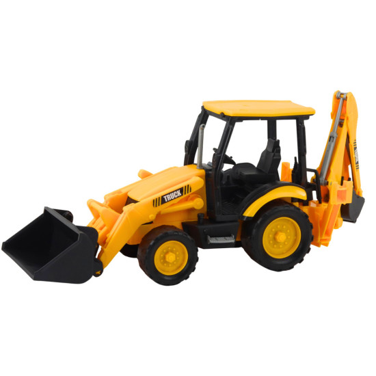 Geltonas ekskavatorius su dviem kaušais Statyba ir žemės ūkis