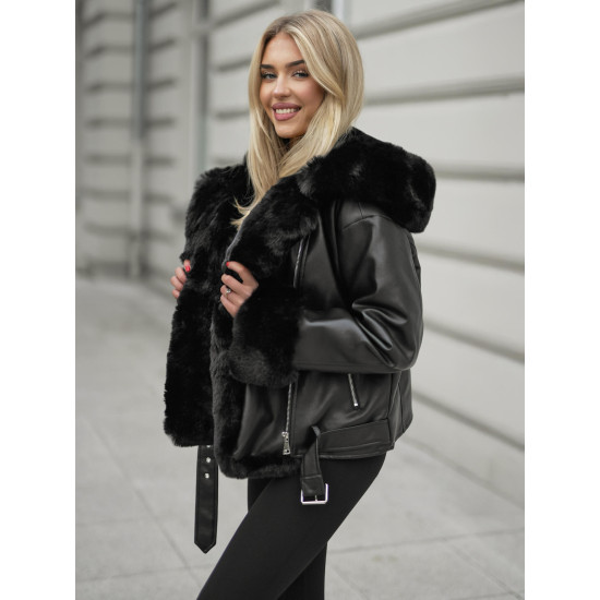 Moteriška juoda striukė su juodu kailiu Nikol JS/61M8506/392A - Moterims Moteriška juoda striukė su juodu kailiu Nikol Moteriškos striukės
