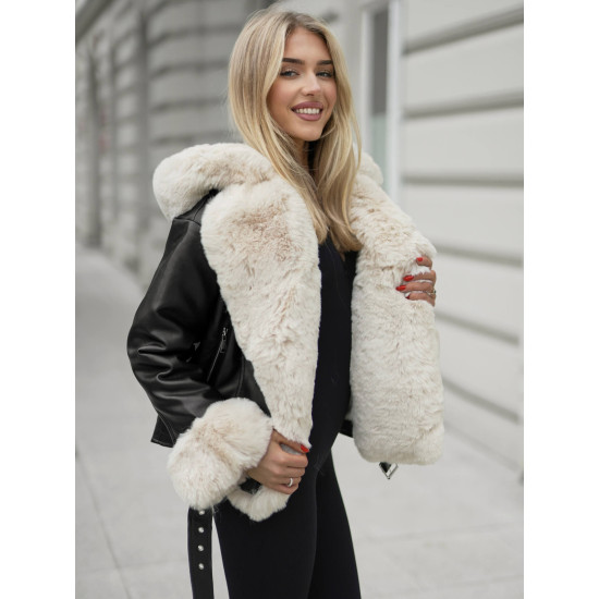 Moteriška juoda striukė su kailiu Nikol JS/61M8506/392B - Moterims Moteriška juoda striukė su kailiu Nikol Moteriškos striukės