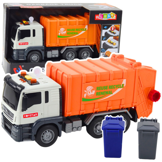 Oranžinė šiukšliavežė su konteineriais ir garso efektu 21438 - Žaisliniai automobiliai Oranžinė šiukšliavežė su konteineriais ir garso efektu Sunkvežimiai