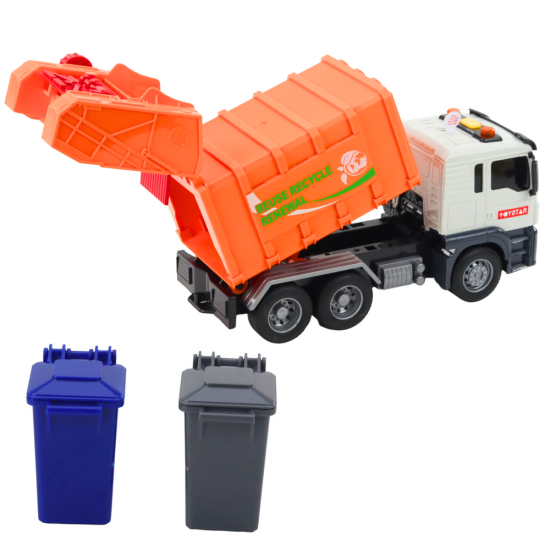 Oranžinė šiukšliavežė su konteineriais ir garso efektu 21438 - Žaisliniai automobiliai Oranžinė šiukšliavežė su konteineriais ir garso efektu Sunkvežimiai