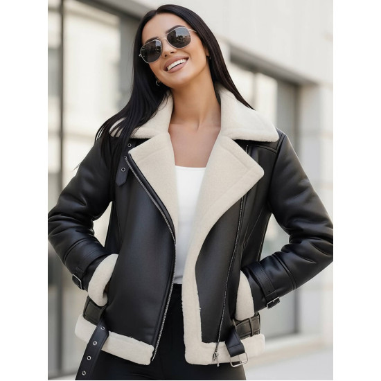 Moteriška juoda odinė striukė su baltu kailiuku Elen JS/11Z8177